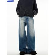 NOW3美式复古裂纹设计水洗蓝色牛仔裤男女重磅宽松直筒拖地阔腿裤