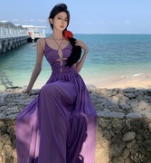  复古轻奢高级感深V抽带性感 雪纺吊带连衣裙名会海边紫色