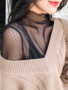 黑色半高领蕾丝i衫，秋季女装2023复古法式气质长袖雪纺打底上