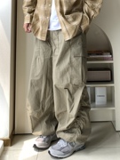 Daily 1堆积褶皱纯色工装裤日系复古户外宽松立体大口袋直筒长裤