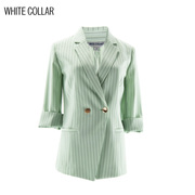 白领女装 条纹浅绿黑细条西服领双排扣七分袖上衣 OL-TIAOW19-602