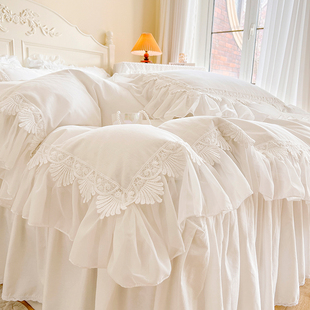 韩式斜纹全棉四件套纯白色公主，风床单纯棉被套1.8m床裙式床上用品
