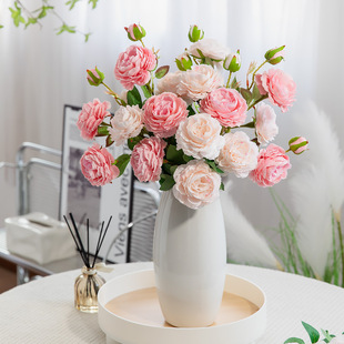 玫瑰仿真花绢花客厅假花摆设，洋牡丹餐桌花艺室内桌面装饰轻奢摆件