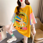 亮片拼接中长款短袖T恤女2022夏季韩版宽松设计感小众上衣服