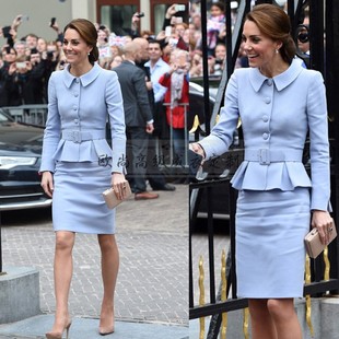 高级定制凯特王妃同款浅蓝色羊毛西装套装裙女中款修身褶皱时尚OL