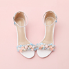 夏季淡蓝色蝴蝶结珍珠水钻，一字式扣带露趾，时装女鞋粗中高跟鞋
