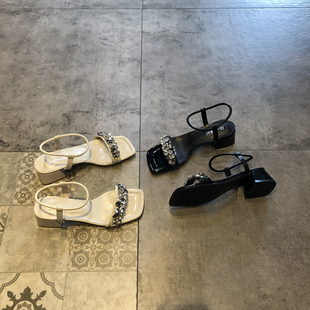 凉鞋女夏中跟2024韩版气质性感，水钻露趾绑带粗跟女鞋百搭显白