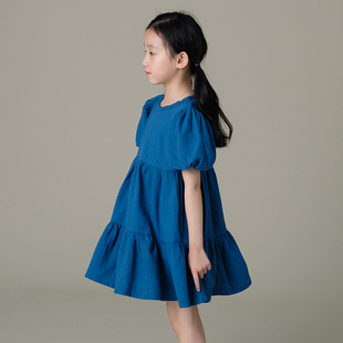 女童泡泡袖纯棉轻薄宝蓝色拼接气质儿童短袖连衣裙夏装洋气