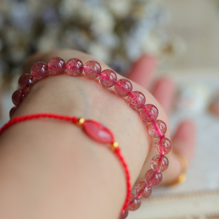 布家编织真品天然草莓晶，玫瑰蔷薇手链，女士款清透粉色水晶手串