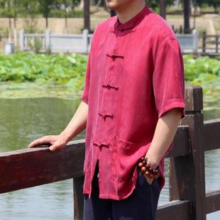 中式桑蚕丝唐装男夏天薄款大码铜氨丝短袖，衬衫真丝半袖上衣男