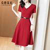 高端红色v领连衣裙2024女夏季赫本风收腰显瘦气质高级感裙子