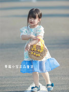 韩版童装女童蓝色碎花娃娃袖短袖连衣裙夏季宝宝甜美公主裙