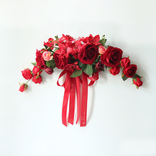 结婚客厅婚房布置门饰床头装饰迎宾牌花艺大红玫瑰绢花挂壁套装