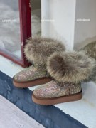 真皮狐狸毛水钻雪地靴女厚底2024年冬季新款棉鞋舒适休闲百搭短靴