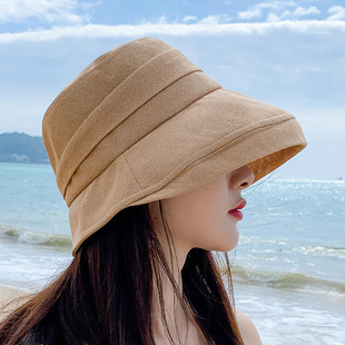 夏季透气亚麻遮阳帽可翻檐女士防晒太阳帽前长后短可折叠轻薄文艺