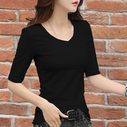 黑色中袖t恤女夏2024年韩版修身打底衫内搭五分袖上衣七分袖