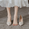 2023年绸缎礼服婚纱高跟鞋女粗跟法式白色婚鞋伴娘鞋孕妇可穿