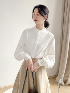 春季法式泡泡袖白色衬衫女设计感小众立领长袖，复古气质高级感上衣