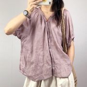 气质夏季森女日系宽松设计感V领宽松衬衣纯色苎麻衬衫短袖上衣