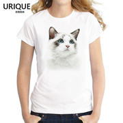 布偶猫逼真萌趣猫咪狗狗图案，莫代尔t恤女短袖可爱动物印花亲子装