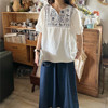 日系文艺复古民族风重工刺绣，短袖衬衫夏季灯笼，袖白色减龄上衣女