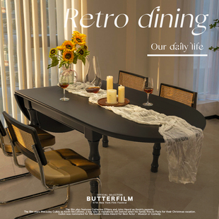 全实木折叠餐桌黑色法式复古家用小户型半圆形岛台轻奢美式吃饭桌