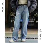 韩版冬季小个子水洗蓝色抓绒，直筒牛仔裤复古显瘦裤脚开叉裤子