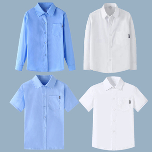 男童白色口袋衬衫纯棉，蓝色小学生短袖校服上衣儿童，中大童长袖衬衣