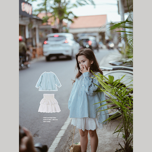 史豌豆(史豌豆)女童装，时髦洋气套装2024春夏儿童，轻薄条纹衬衫花边裙裤