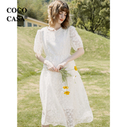cococasa欧根纱超仙蕾丝法式连衣裙女中长款2023夏新高级米蓝裙子