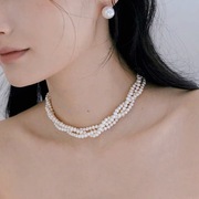 经典颈链天然淡水珍珠，项链手工法式复古小众多层缠绕麻花锁骨链女