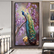 孔雀高端手绘油画，新中式玄关装饰画别墅客厅，过道紫气东来竖版挂画