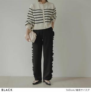 日本外贸原单女装春秋季甜美气质款半松紧高腰显瘦黑色木耳边裤