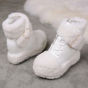 欧洲站毛毛鞋2023秋冬坡跟10CM短靴女内增高厚底羊羔毛雪地靴