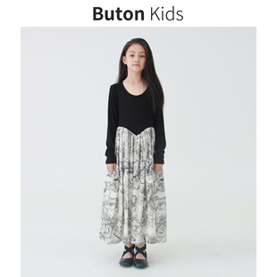 Buton Kids自制女童黑和老虎拼接连衣裙秋季亲肤设计感个性长裙
