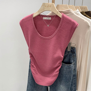 树莓色针织无袖背心T恤女孤U型下摆十三行设计感上衣2024年春夏季