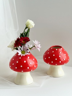 无敌可爱蘑菇花瓶 森林系田园小清新橘红色蘑菇花瓶