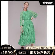 WHISTLES长袖连衣裙中长款浅绿色碎花雪纺纱网袖系带优雅英伦淑女