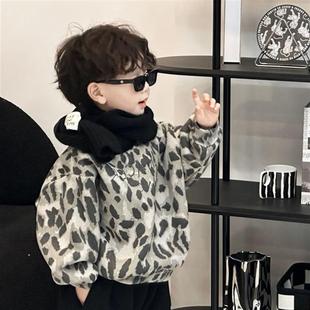 儿童冬季加绒加厚豹纹卫衣套装2023韩版男女童一体羊驼绒套装