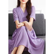 辰蕴知性优雅法式赫本风连衣裙女夏季紫色，气质名媛显瘦雪纺裙子