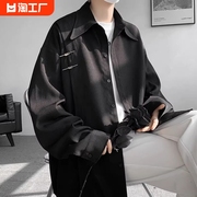 新中式国风长袖衬衫男2024夏季大码重磅外套宽松复古黑色衬衣
