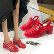 夏季凉鞋女高跟时尚公主水晶鞋罗马透明学生果冻塑料沙滩雨鞋