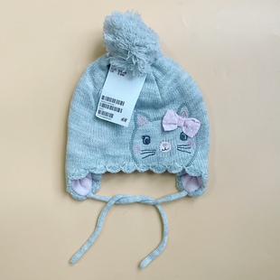 1-2岁HM家女童宝宝加绒针织护耳公主毛线猫咪冬帽外贸出口欧美风