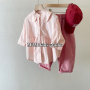 m2mkids2023春季韩版裸粉蝙蝠，袖中袖纯色裸粉娃娃领衬衫