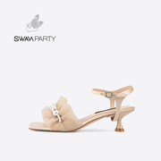 Swan Party春夏珍珠纱网细跟拖鞋真皮轻奢仙女细中跟鞋子女