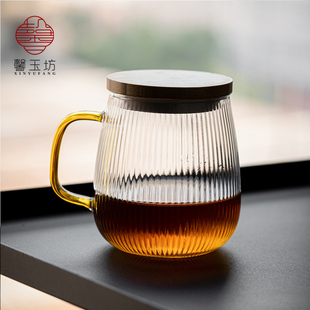 日式条纹玻璃水杯带盖勺子，耐热花茶牛奶咖啡杯泡，茶杯啤酒杯果汁杯