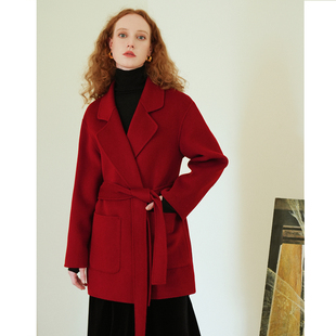 徐莫西经典款红色西装领收腰系带羊毛宽松短款双面呢大衣毛呢外套