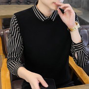 条纹毛衣男士假两件针织衫韩版修身潮流秋冬季线衣衬衫领打底衫