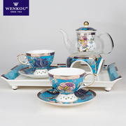 英式中式蓝色花茶具玻璃壶蜡烛加热底座骨瓷下午茶具茶壶套装送礼
