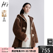 hs奥莱牛角扣皮草女短外套，冬季美拉德复古连帽颗粒绒毛毛外套